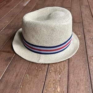Kids Straw Fedora Hat with Striped Red, Gray & Blue Band One Size